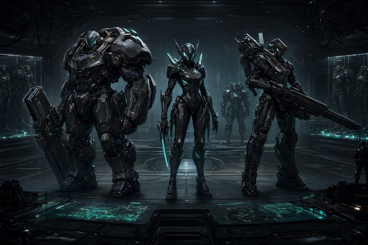 Original concept illustration: three armored exosuit frames of different builds in a dim war-room hangar