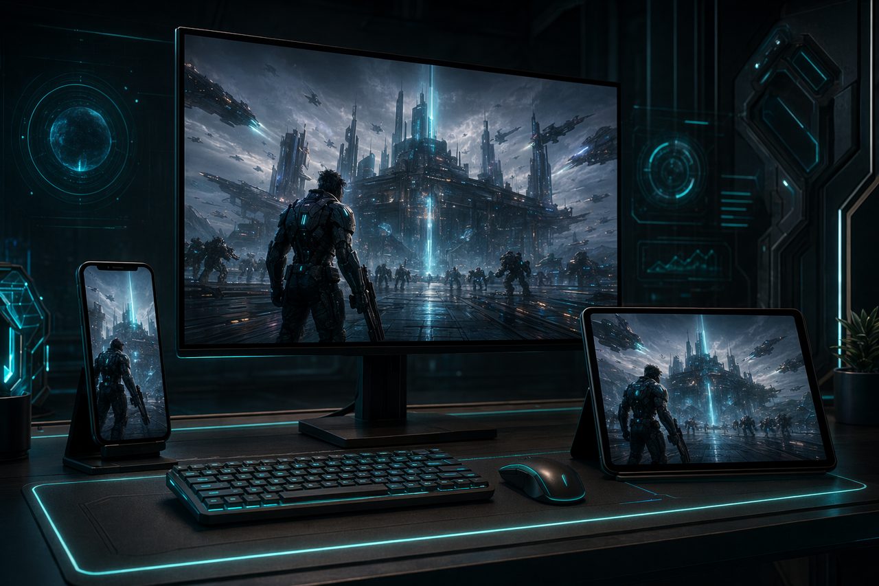 Original concept illustration: a sci-fi war game running across a PC monitor, phone and tablet on a gaming desk