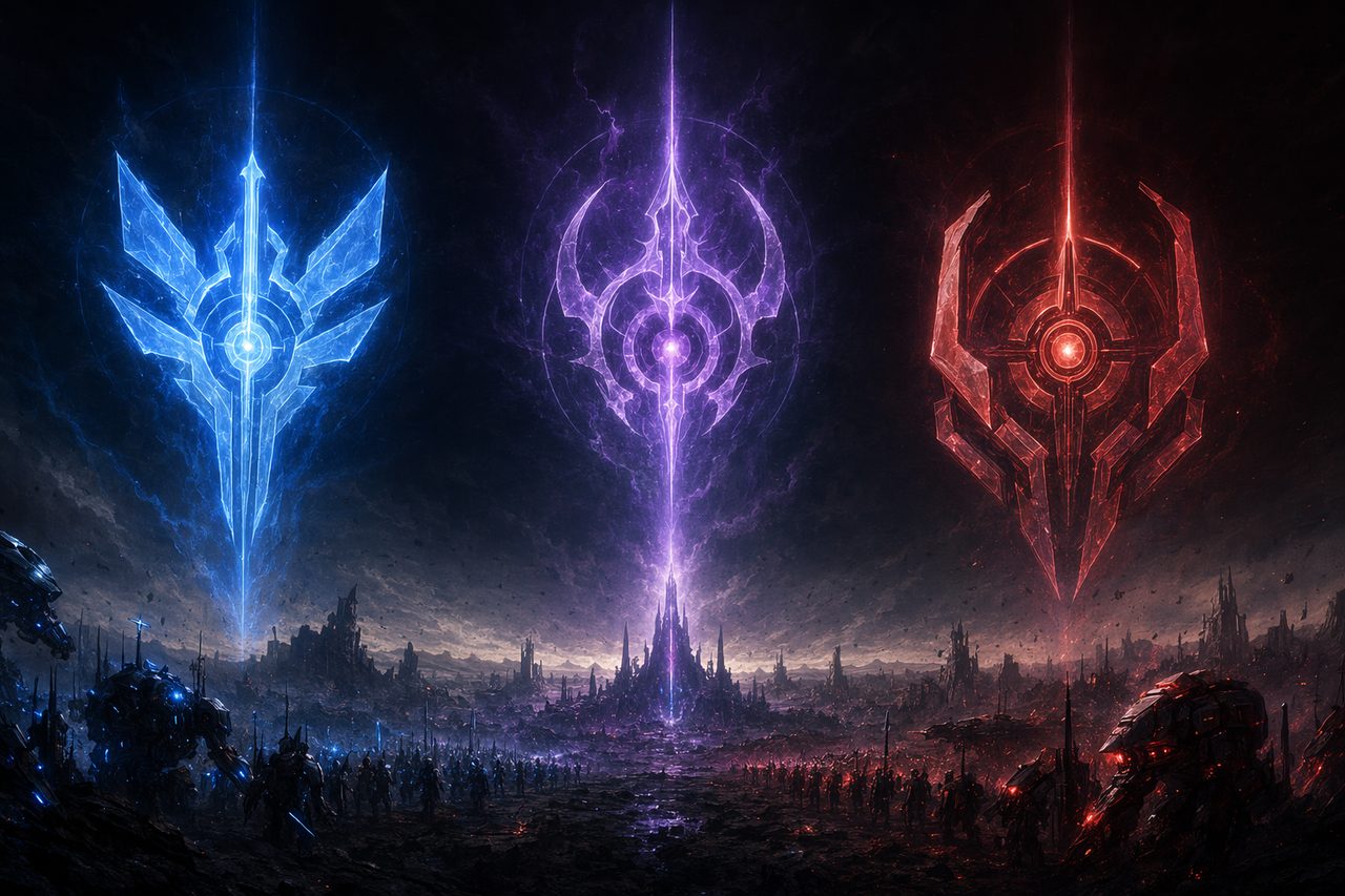 Original concept illustration: three glowing faction crests in blue, violet and red over a battlefield