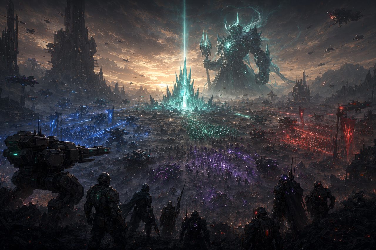 Original concept illustration: three futuristic armies converging on a glowing energy node, with mechs and a towering summoned giant