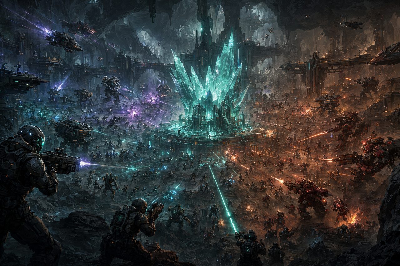 Original concept illustration: a three-faction battle around a glowing crystalline node in a mining zone