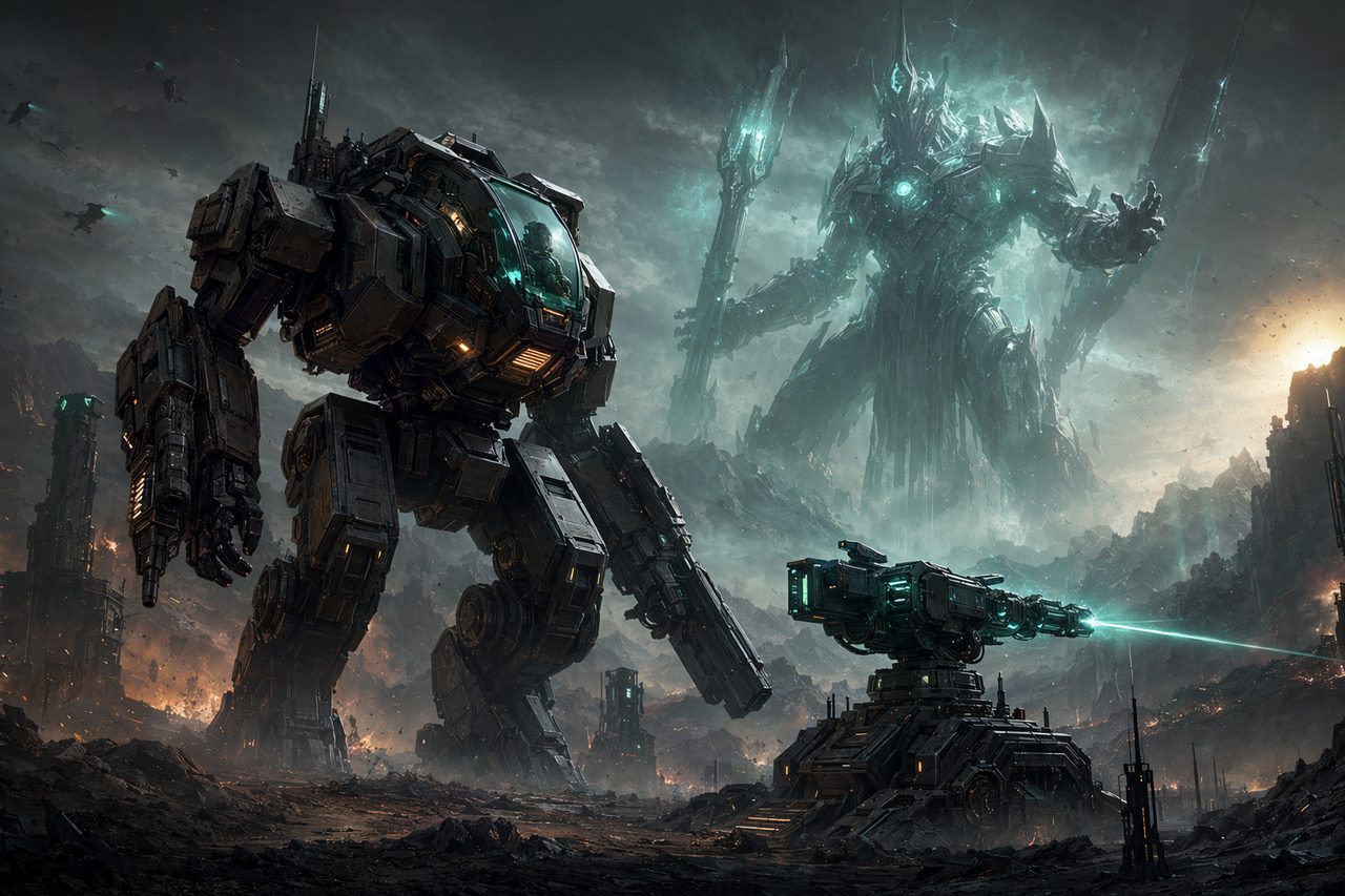 Original concept illustration: a piloted mech, a deployed turret, and a towering summoned giant on a war-torn field