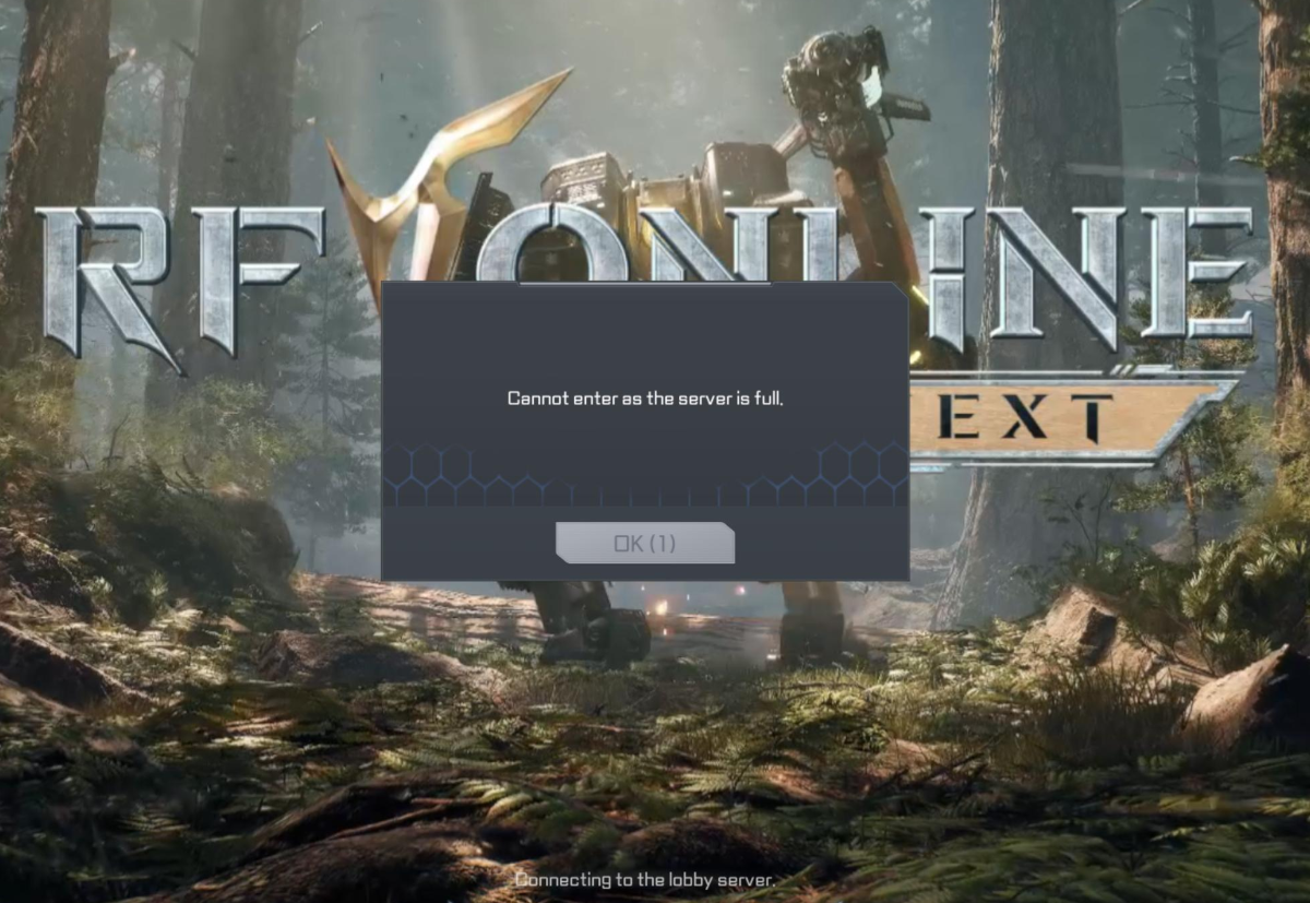 RF Online Next lobby screen showing the error message 'Cannot enter as the server is full' with an OK button, and 'Connecting to the lobby server' at the bottom
