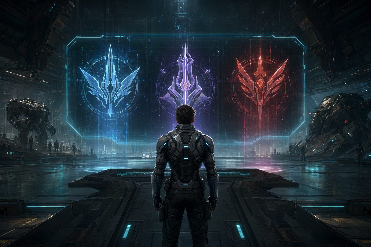 Original concept illustration: a new recruit facing three glowing faction emblems in a high-tech onboarding bay